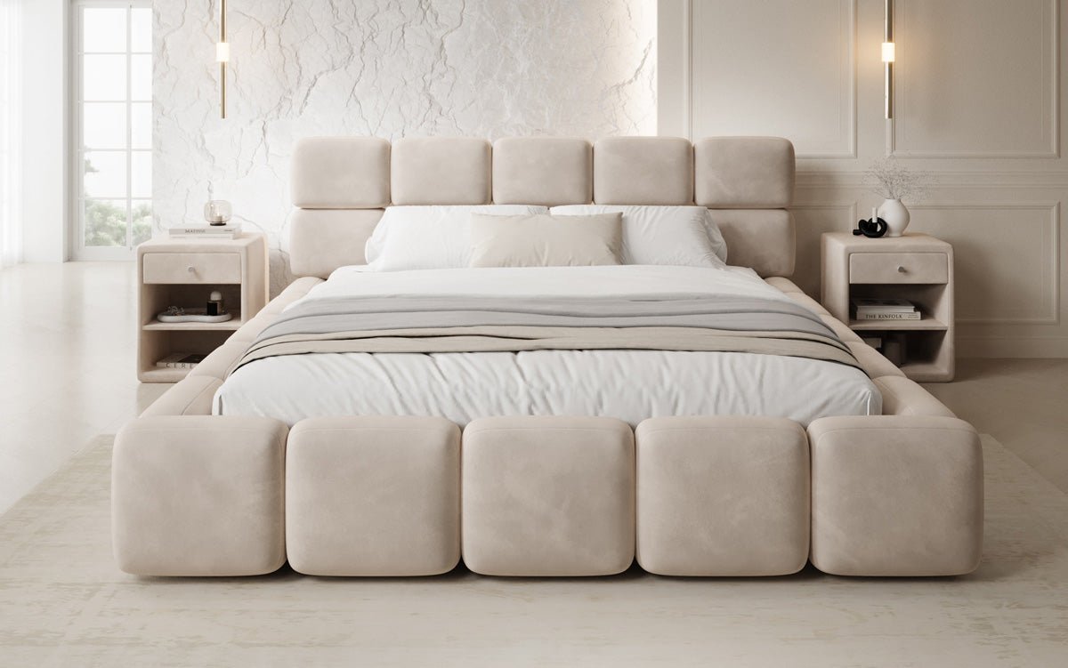 Luxusbetten24 Matilda Polsterbett Samt mit Stauraum, 140×200 cm Beige
