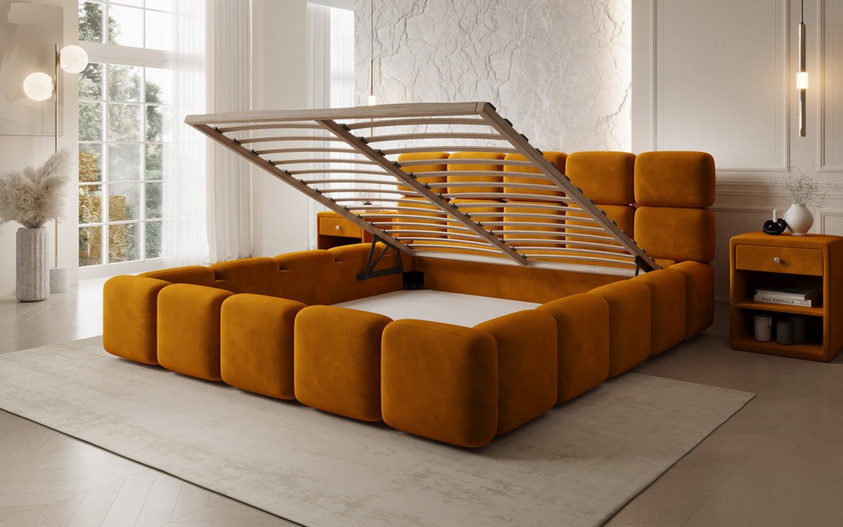 Luxusbetten24 Matilda Polsterbett Samt mit Stauraum, 140×200 cm Beige