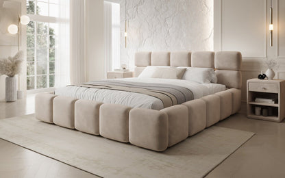 Luxusbetten24 Matilda Polsterbett Samt mit Stauraum, 140×200 cm Beige