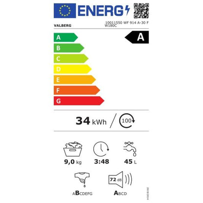 Lavadora carga frontal, 9kg, 1400rpm, clase A-30%, ideal para 4 personas, VALBERG WF 914 A-30 F W180C