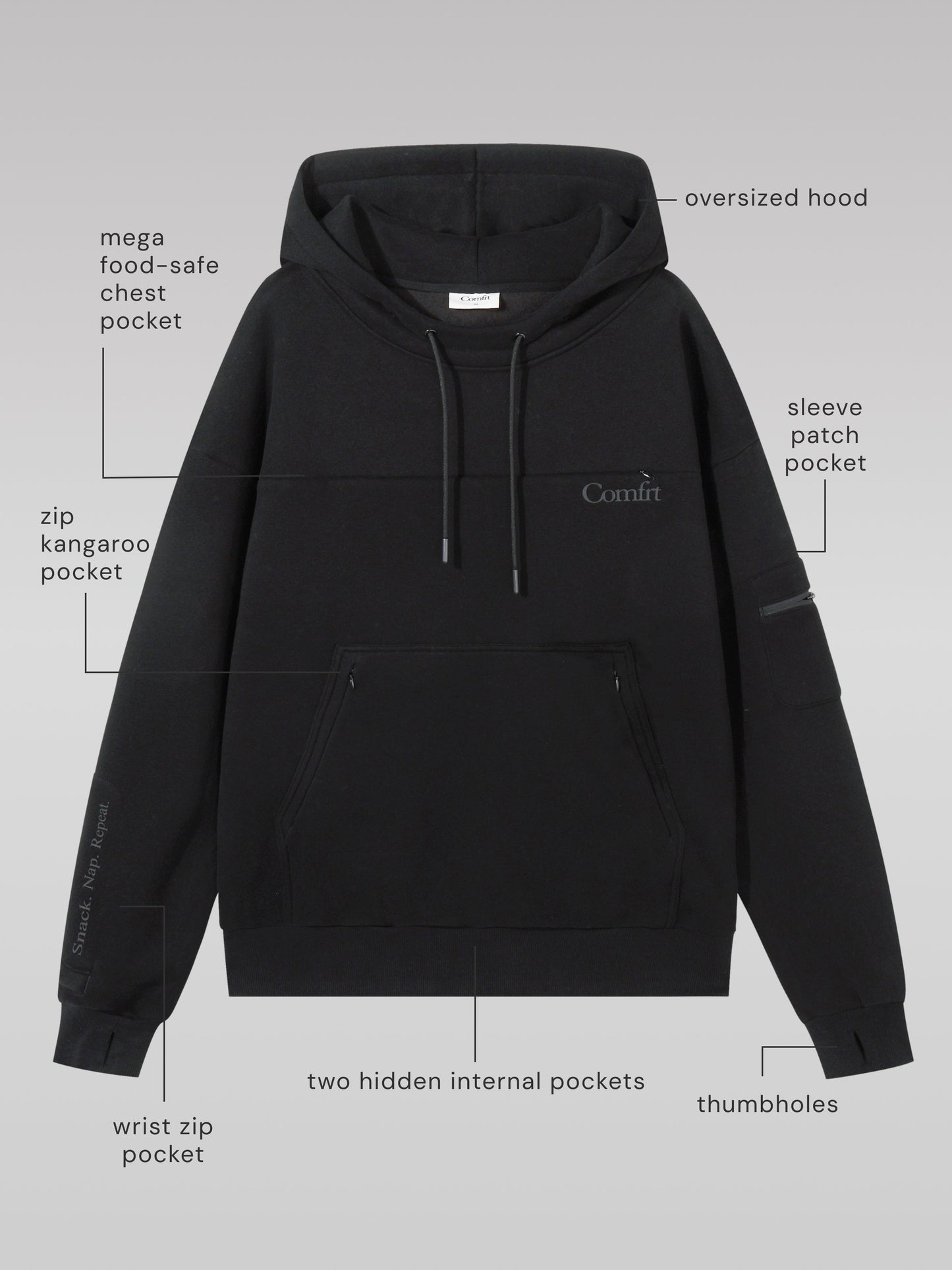 Comfrt Snak™ Hoodie Unisex Heavyweight Fleece mit 6 Snacktaschen