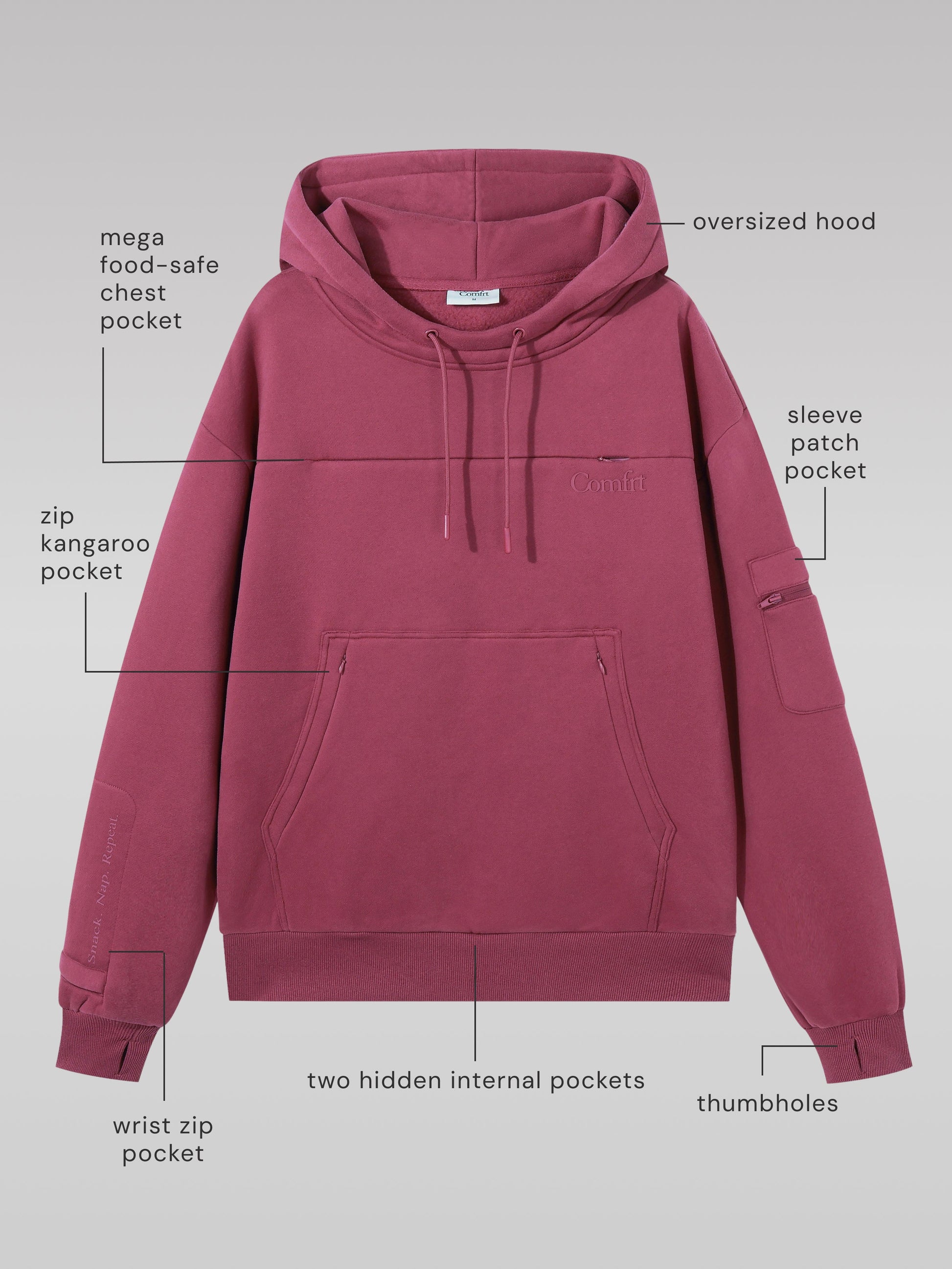 Comfrt Snak™ Hoodie Unisex Heavyweight Fleece mit 6 Snacktaschen