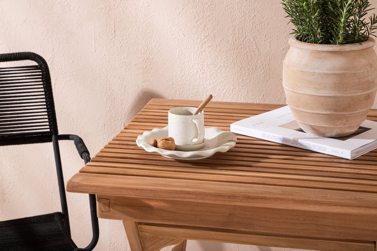 Luxusbetten24 Garten-Cafegruppe 3‑teiliges Set Teakholz‑Tisch Natur/Schwarz