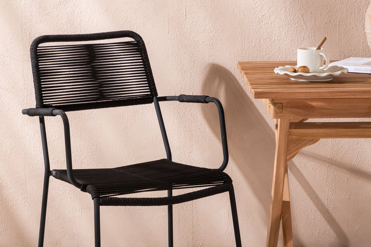 Luxusbetten24 Garten-Cafegruppe 3‑teiliges Set Teakholz‑Tisch Natur/Schwarz