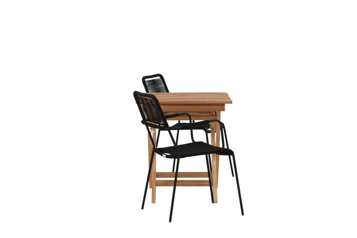 Luxusbetten24 Garten-Cafegruppe 3‑teiliges Set Teakholz‑Tisch Natur/Schwarz