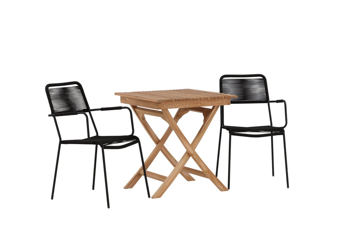 Luxusbetten24 Garten-Cafegruppe 3‑teiliges Set Teakholz‑Tisch Natur/Schwarz