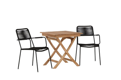 Luxusbetten24 Garten-Cafegruppe 3‑teiliges Set Teakholz‑Tisch Natur/Schwarz