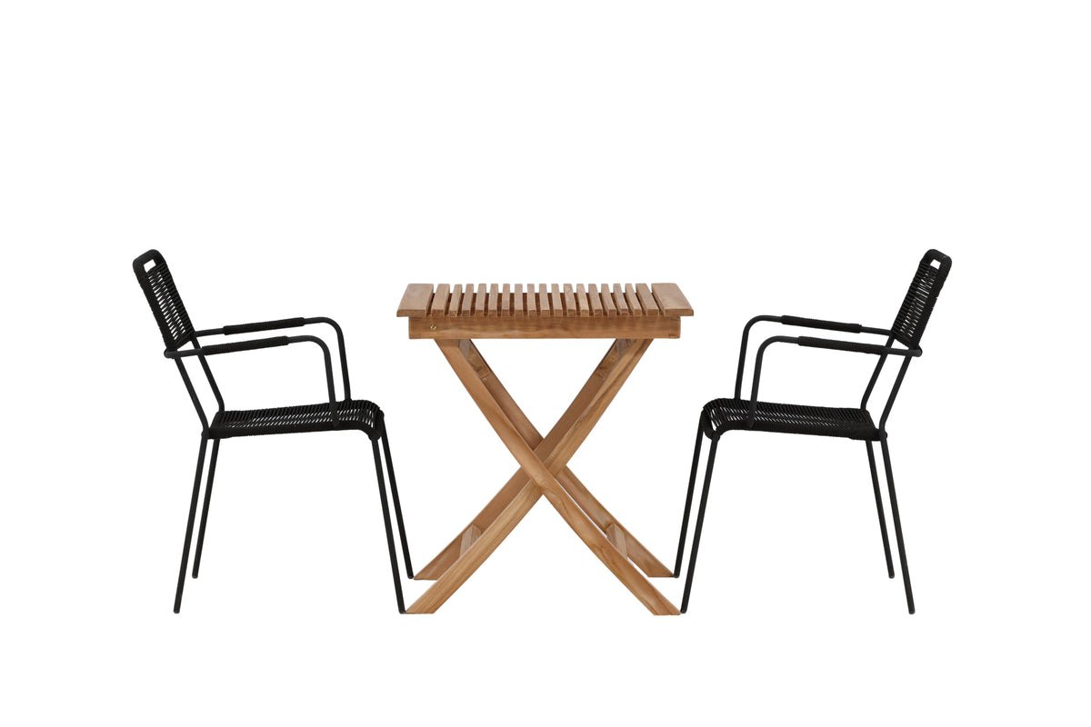 Luxusbetten24 Garten-Cafegruppe 3‑teiliges Set Teakholz‑Tisch Natur/Schwarz