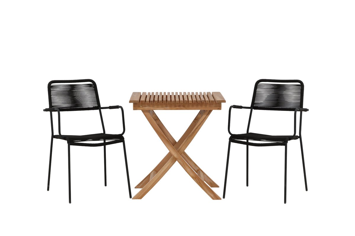 Luxusbetten24 Garten-Cafegruppe 3‑teiliges Set Teakholz‑Tisch Natur/Schwarz