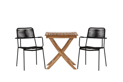 Luxusbetten24 Garten-Cafegruppe 3‑teiliges Set Teakholz‑Tisch Natur/Schwarz