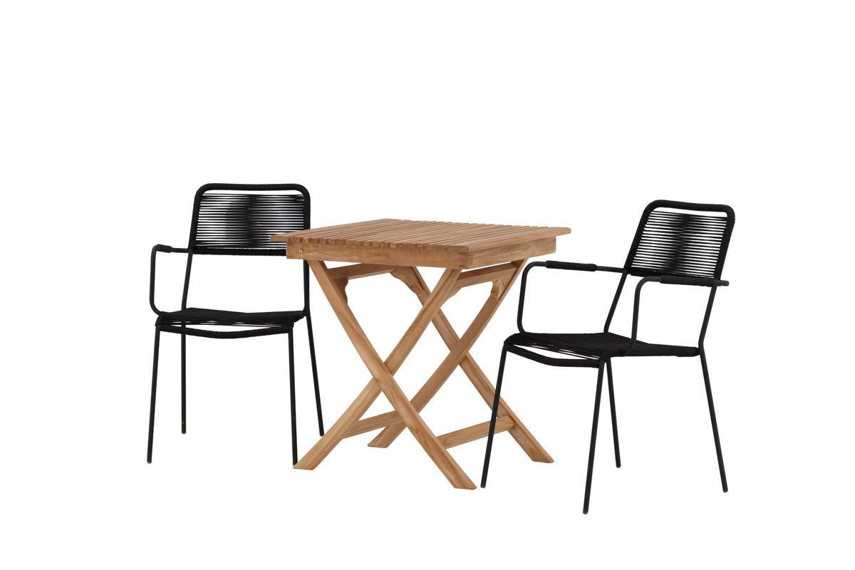 Luxusbetten24 Garten-Cafegruppe 3‑teiliges Set Teakholz‑Tisch Natur/Schwarz
