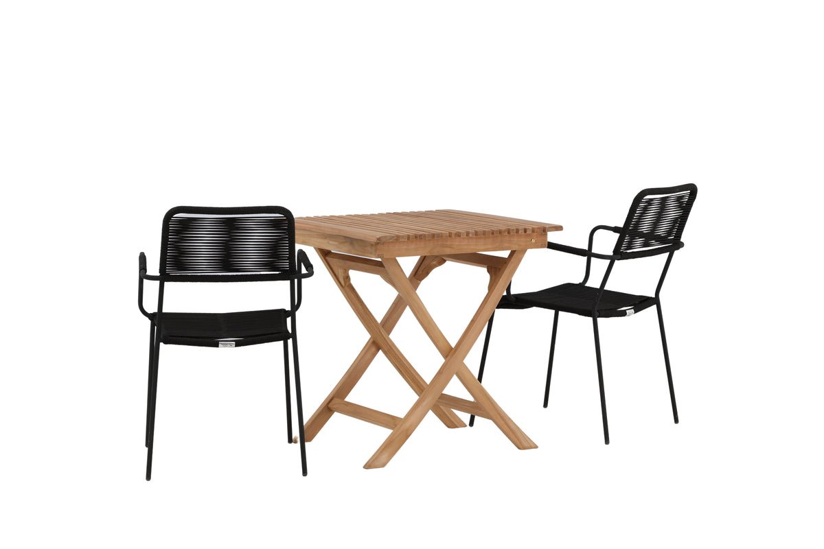 Luxusbetten24 Garten-Cafegruppe 3‑teiliges Set Teakholz‑Tisch Natur/Schwarz