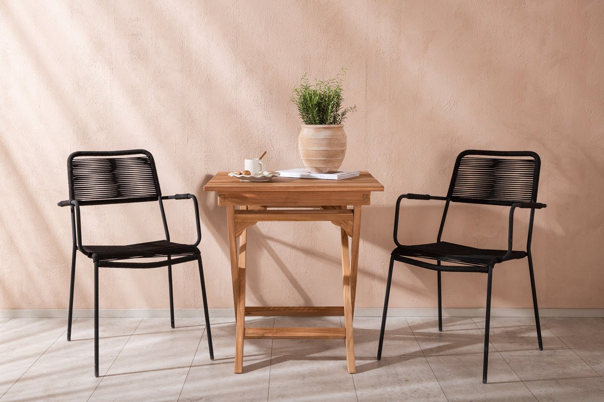 Luxusbetten24 Garten-Cafegruppe 3‑teiliges Set Teakholz‑Tisch Natur/Schwarz