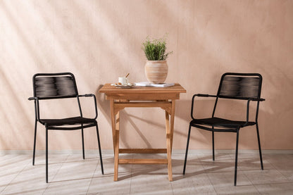 Luxusbetten24 Garten-Cafegruppe 3‑teiliges Set Teakholz‑Tisch Natur/Schwarz