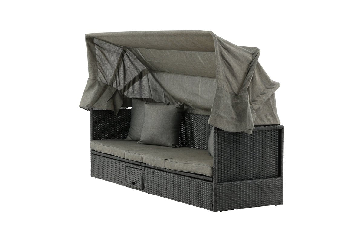 Luxusbetten24 Merano Outdoor-Liege mit Sonnendach aus Polyrattan, Schwarz
