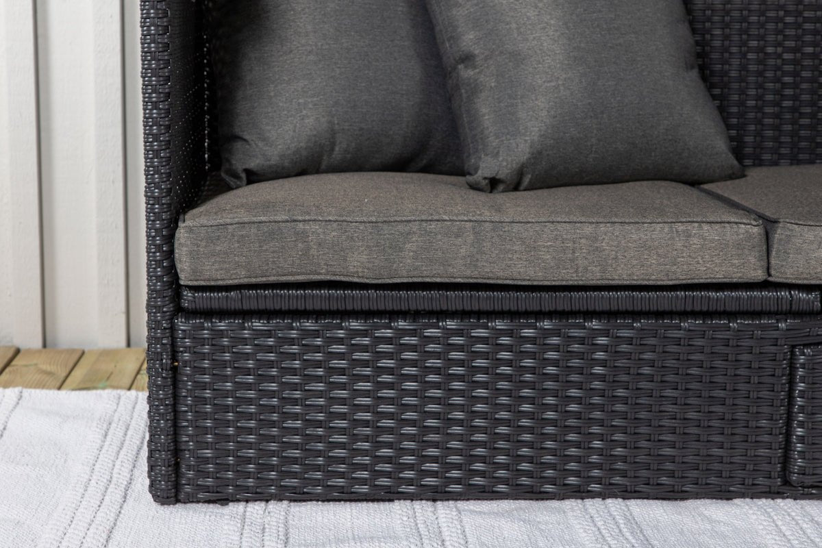 Luxusbetten24 Merano Outdoor-Liege mit Sonnendach aus Polyrattan, Schwarz