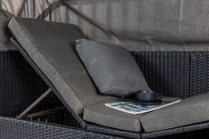 Luxusbetten24 Merano Outdoor-Liege mit Sonnendach aus Polyrattan, Schwarz
