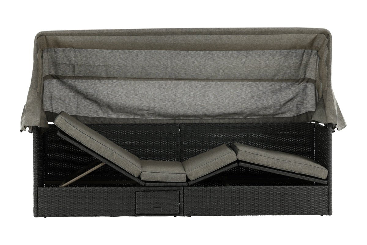 Luxusbetten24 Merano Outdoor-Liege mit Sonnendach aus Polyrattan, Schwarz