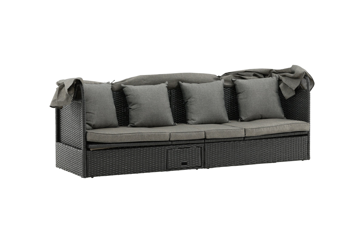 Luxusbetten24 Merano Outdoor-Liege mit Sonnendach aus Polyrattan, Schwarz