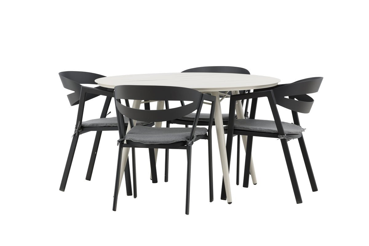 Mivano Garten Essgruppe 5‑Teiliges Set mit Rundem Tisch, Beige/Schwarz