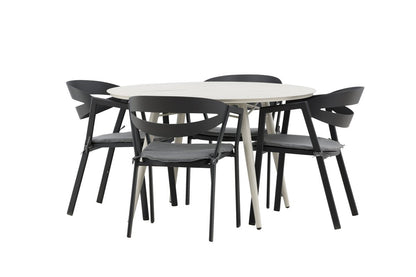 Mivano Garten Essgruppe 5‑Teiliges Set mit Rundem Tisch, Beige/Schwarz