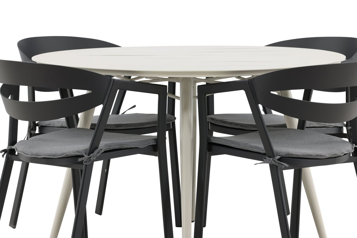 Mivano Garten Essgruppe 5‑Teiliges Set mit Rundem Tisch, Beige/Schwarz