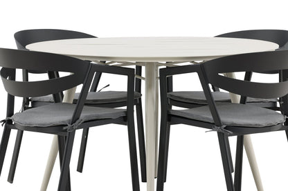Mivano Garten Essgruppe 5‑Teiliges Set mit Rundem Tisch, Beige/Schwarz