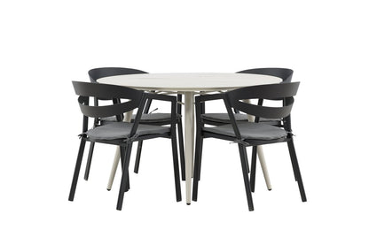 Mivano Garten Essgruppe 5‑Teiliges Set mit Rundem Tisch, Beige/Schwarz