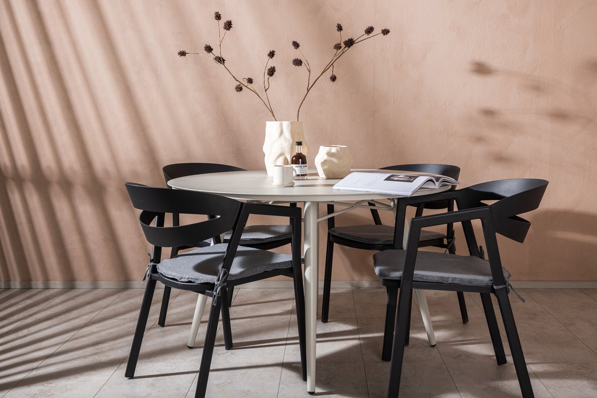 Mivano Garten Essgruppe 5‑Teiliges Set mit Rundem Tisch, Beige/Schwarz