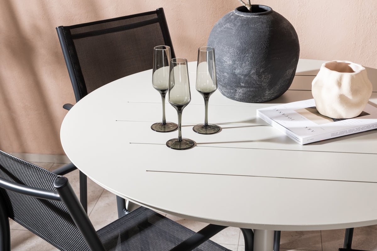 Luxusbetten24 Novira Garten Essgruppe Outdoor Modell, 5‑teilig, Beige/Schwarz