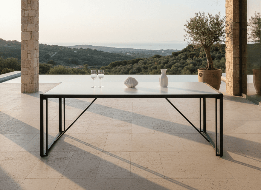 Luxusbetten24 Lorenzo Gartentisch 200x90 cm mit Glas‑Teakholzplatte Grau Garten