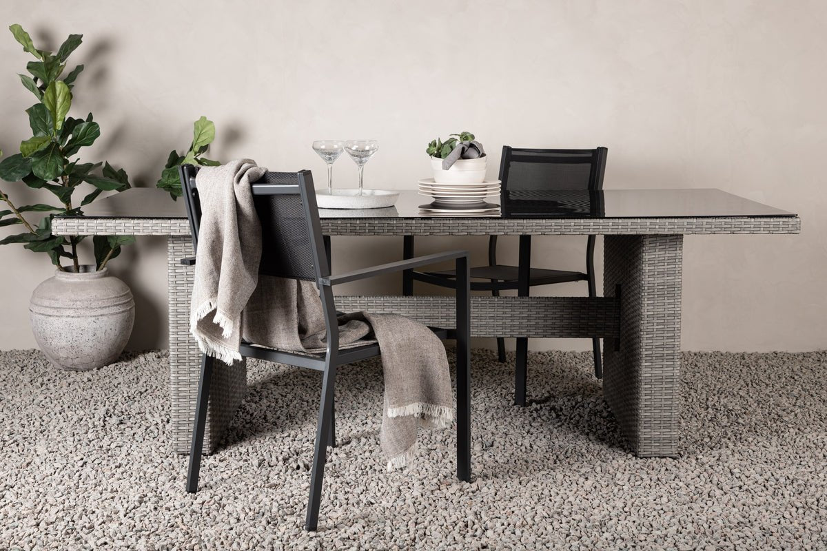Garten Esstisch Valerio - 200x100 cm aus grauem Rattan mit Glasplatte