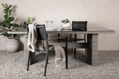 Garten Esstisch Valerio - 200x100 cm aus grauem Rattan mit Glasplatte