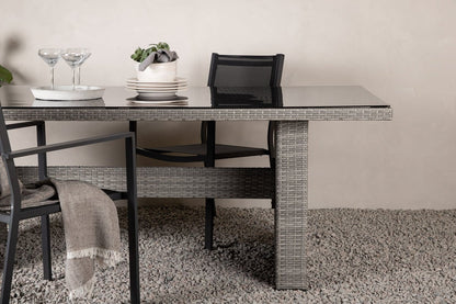 Garten Esstisch Valerio - 200x100 cm aus grauem Rattan mit Glasplatte
