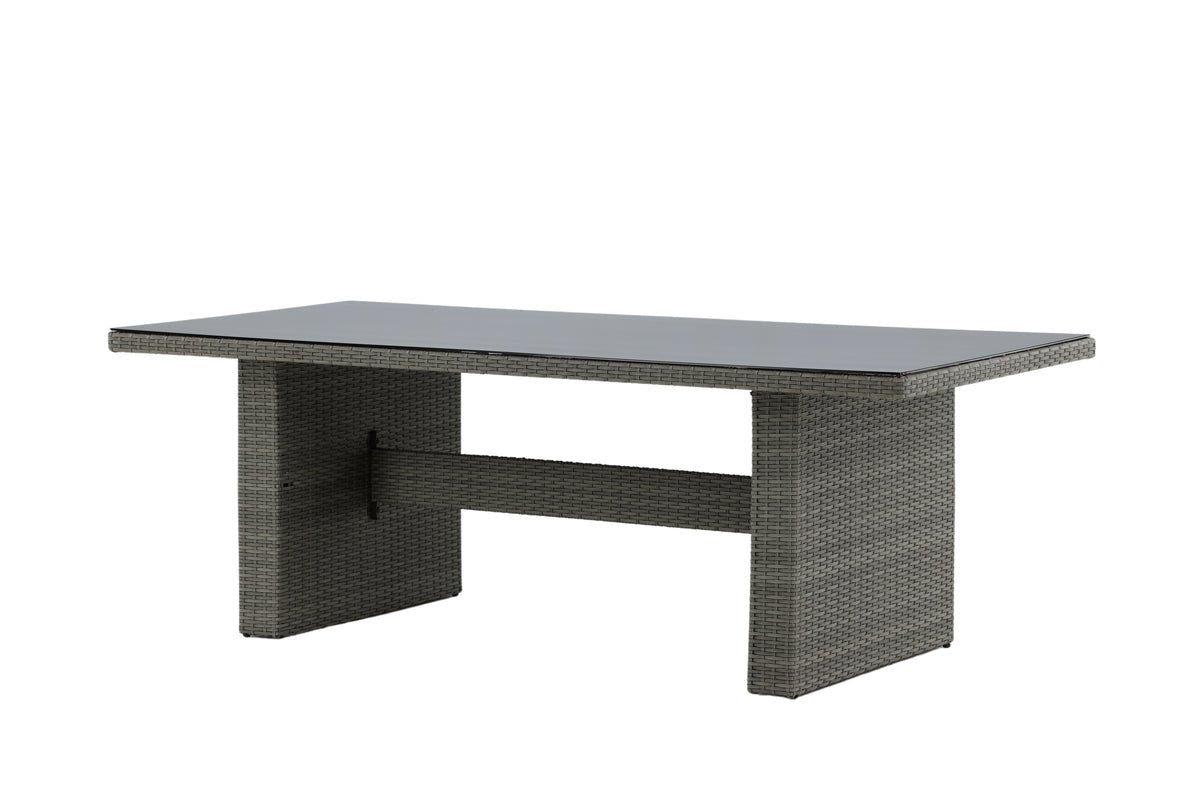 Garten Esstisch Valerio - 200x100 cm aus grauem Rattan mit Glasplatte