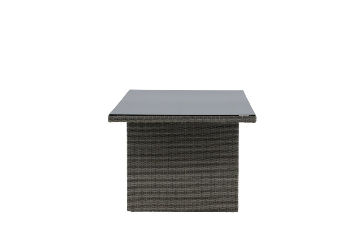 Garten Esstisch Valerio - 200x100 cm aus grauem Rattan mit Glasplatte