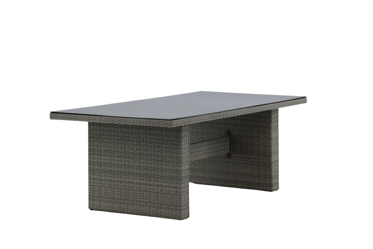 Garten Esstisch Valerio - 200x100 cm aus grauem Rattan mit Glasplatte