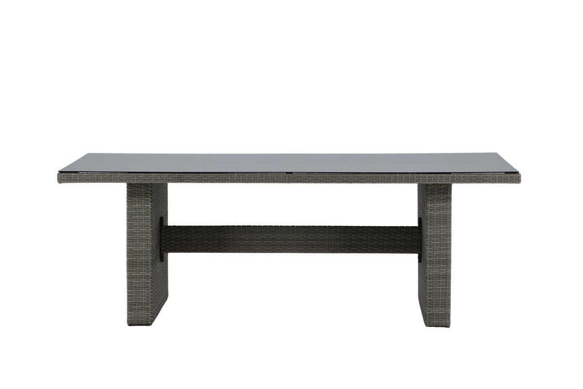 Garten Esstisch Valerio - 200x100 cm aus grauem Rattan mit Glasplatte