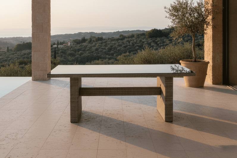 Garten Esstisch Valerio - 200x100 cm aus grauem Rattan mit Glasplatte