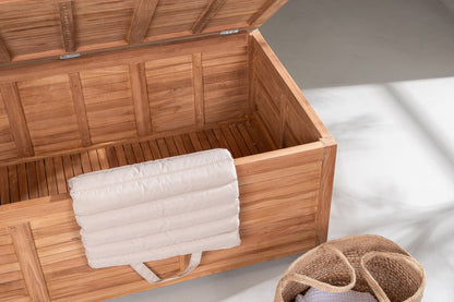 Garten Kissenbox Sorine 46x130x70 aus Teakholz Naturoptik Robust