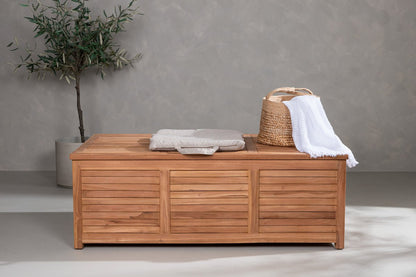 Garten Kissenbox Sorine 46x130x70 aus Teakholz Naturoptik Robust