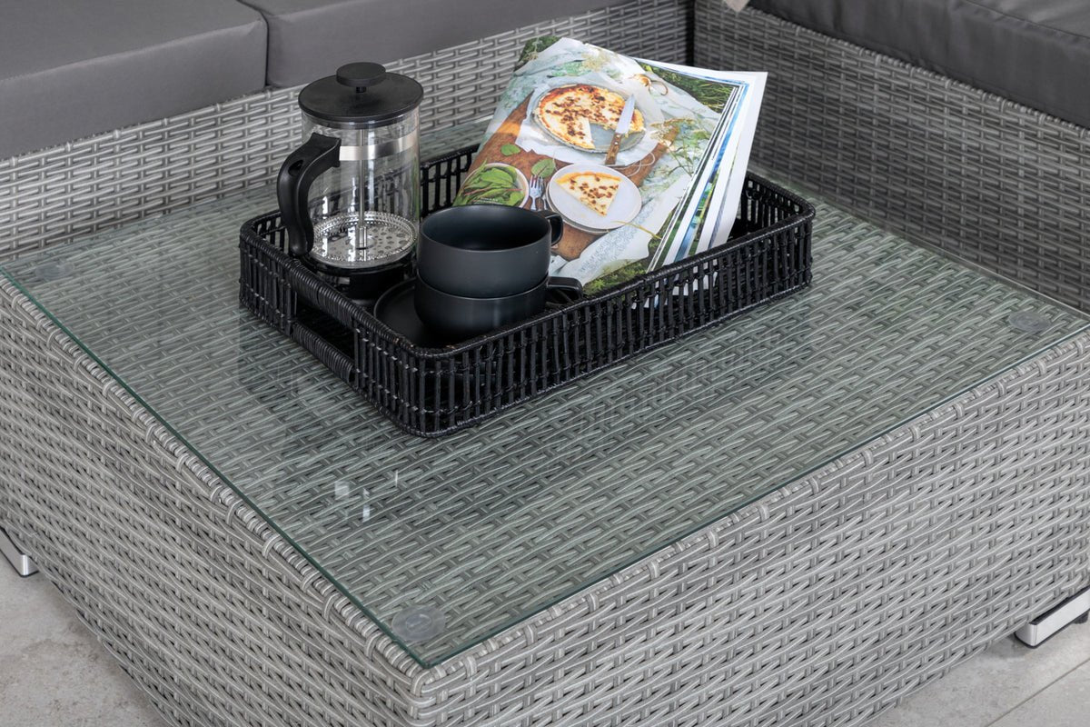 Luxusbetten24 Amelia Gartenloungeset Polyrattan Sofa mit Tisch, Kissen und Grau