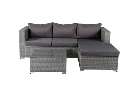 Luxusbetten24 Amelia Gartenloungeset Polyrattan Sofa mit Tisch, Kissen und Grau