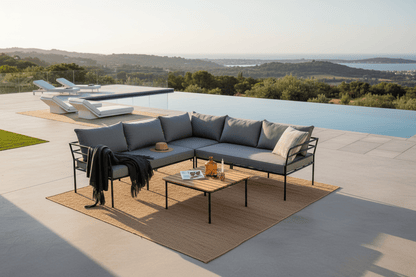 Luxusbetten24 Felicita Garten Loungeset Ecksofa Hellgrau/Schwarz mit Couchtisch
