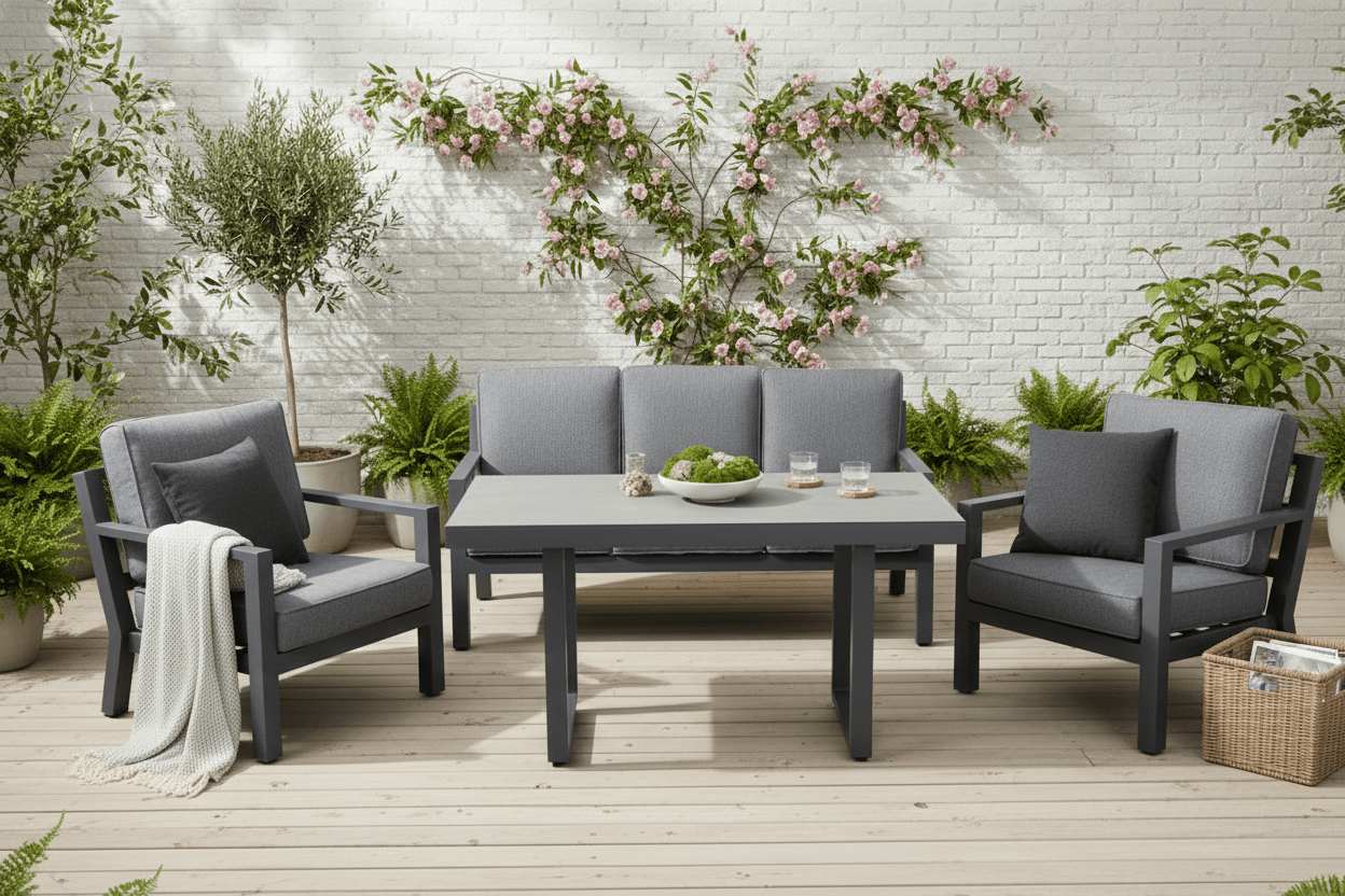 Luxusbetten24 Garten Loungeset Kreta 4‑Teilig Schwarz‑Dunkelgrau Tisch Outdoor