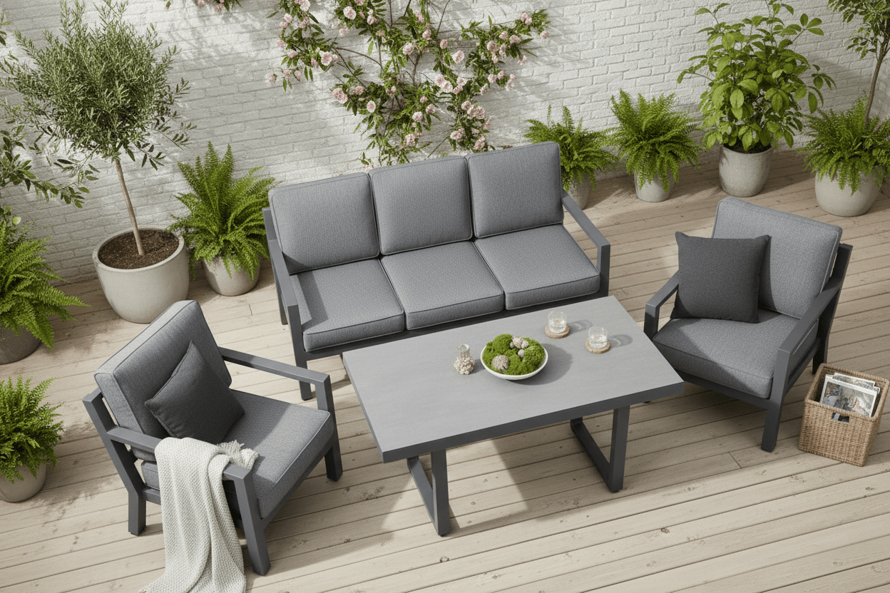 Luxusbetten24 Garten Loungeset Kreta 4‑Teilig Schwarz‑Dunkelgrau Tisch Outdoor