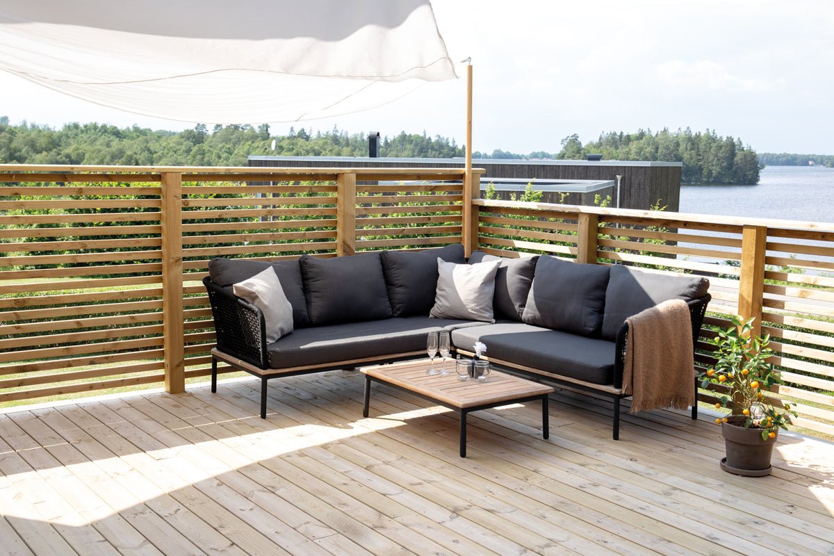 Luxusbetten24 Olanda Garten Loungeset Schwarz, mit Ecksofa aus Akazienholz & Metall