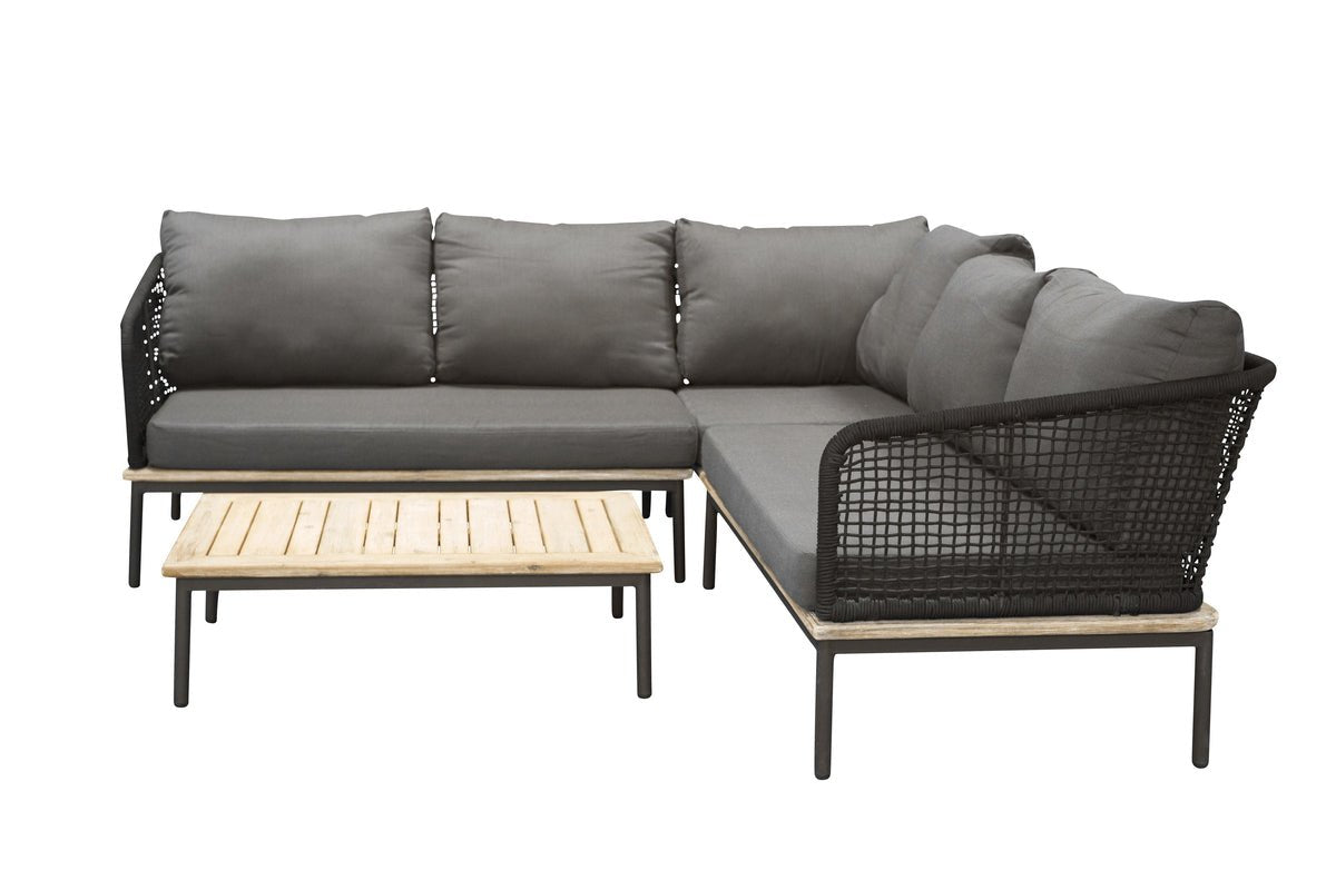 Luxusbetten24 Olanda Garten Loungeset Schwarz, mit Ecksofa aus Akazienholz & Metall