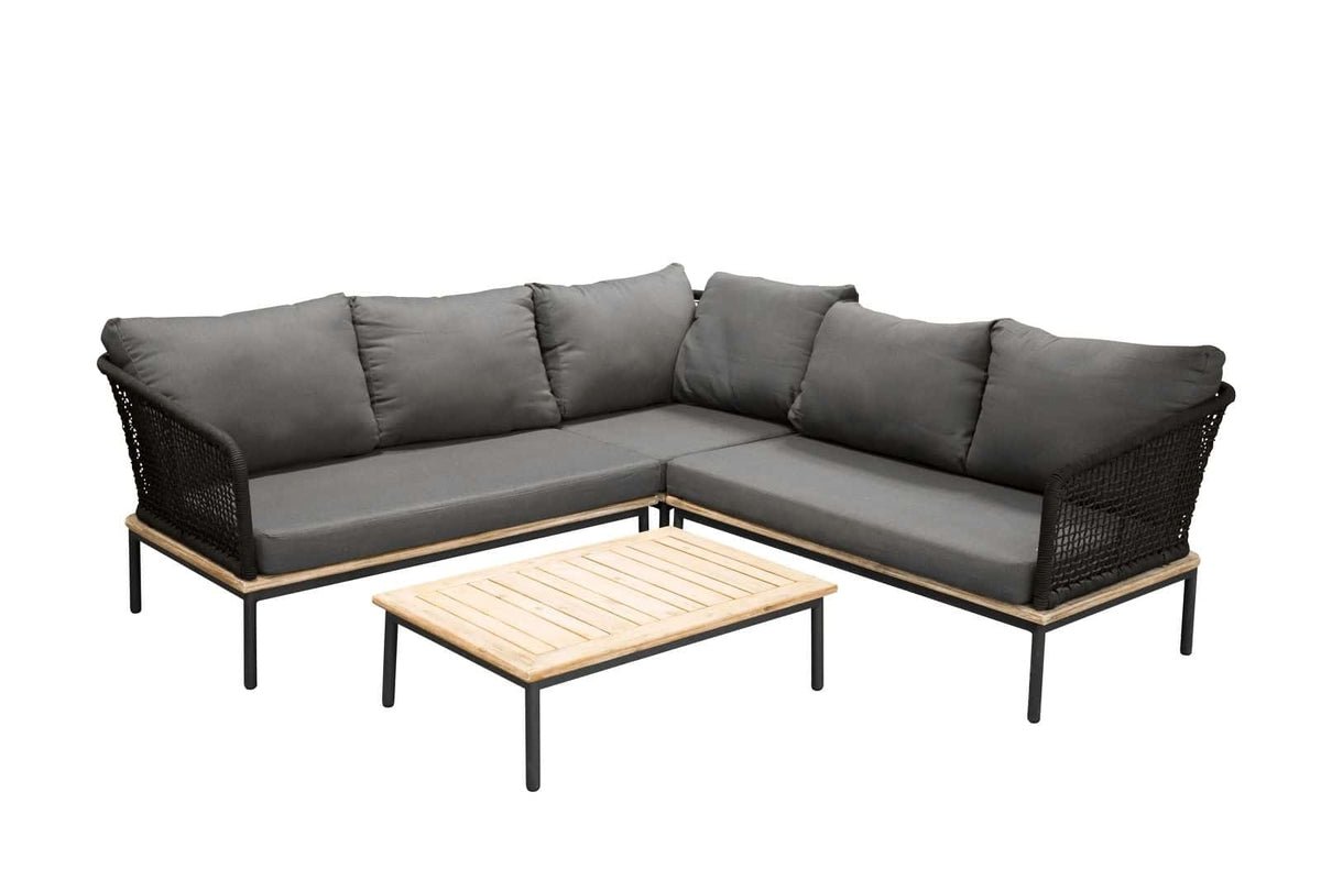 Luxusbetten24 Olanda Garten Loungeset Schwarz, mit Ecksofa aus Akazienholz & Metall