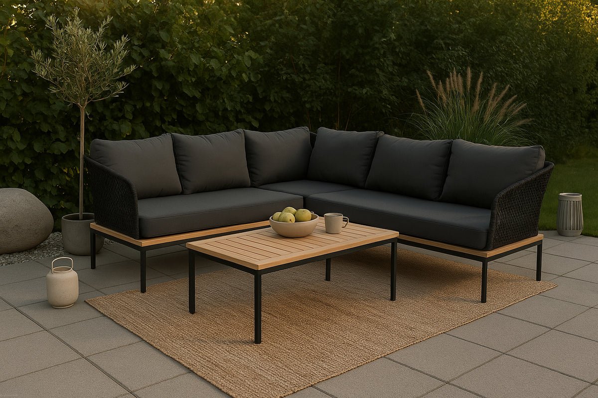 Luxusbetten24 Olanda Garten Loungeset Schwarz, mit Ecksofa aus Akazienholz & Metall